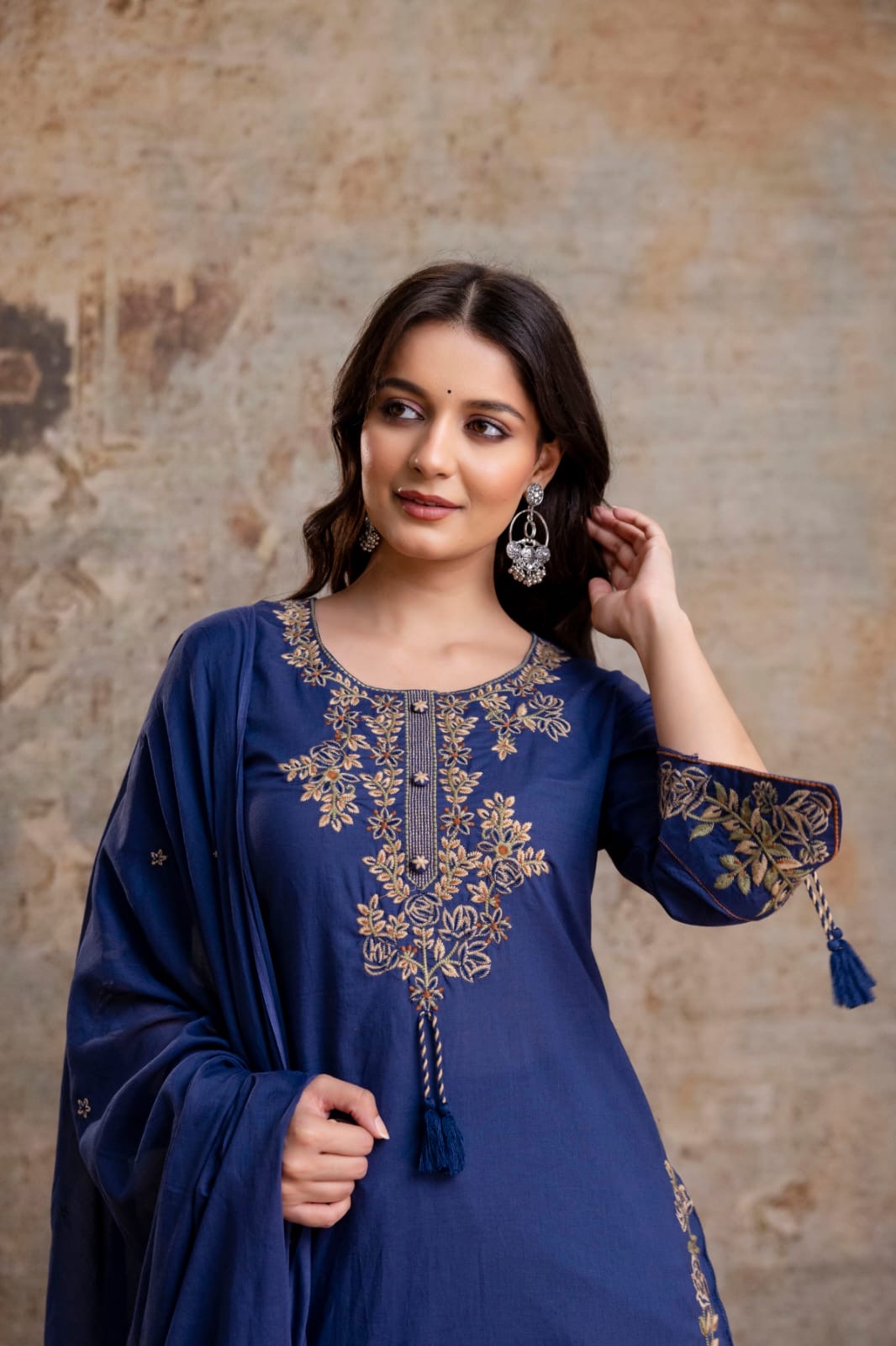 Blue Embroidery Pure Cotton Kurti With Pant and Dupatta - HSC1145