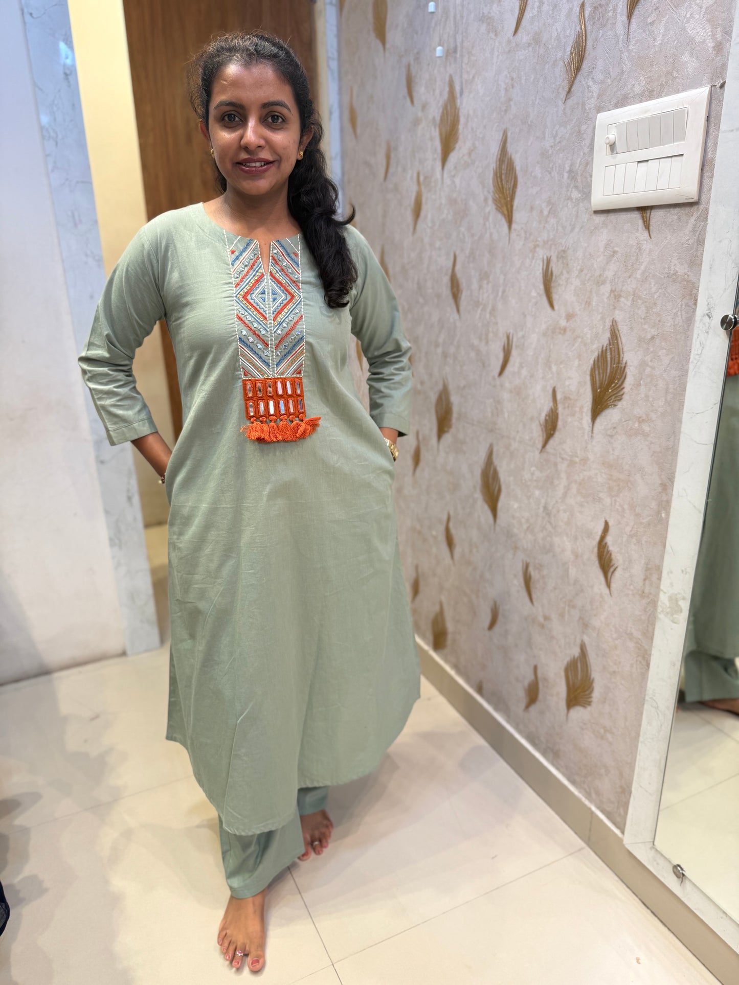 Pista Green A-line Pure Cotton Kurti With Pant - HSC1163