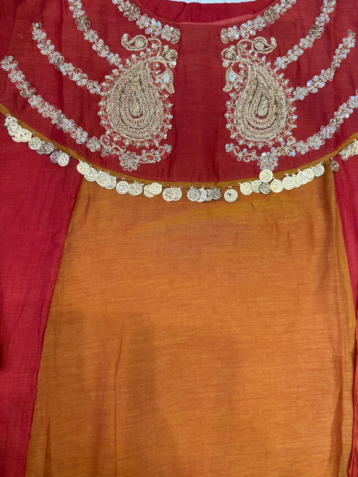 Rust With Mustard Pure Banarasi A-line Kurti With Pant and Dupatta -HSC1210