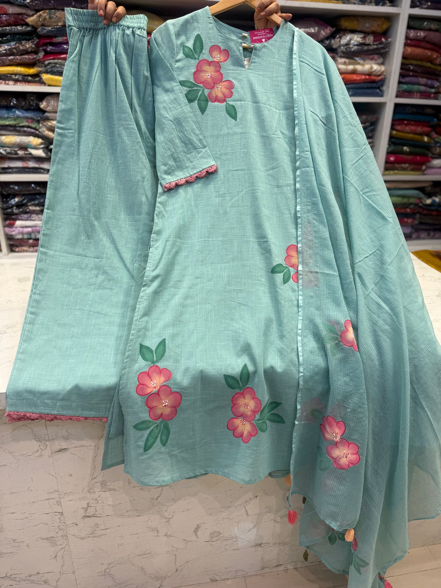 Hand Panited Powder Blue Kurti With Pant and Dupatta-HSC115