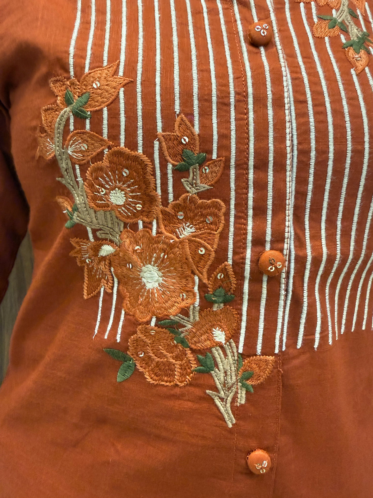 Rust Orange Pure Cotton Flex Embroidery Co-ords Set -HSC1281
