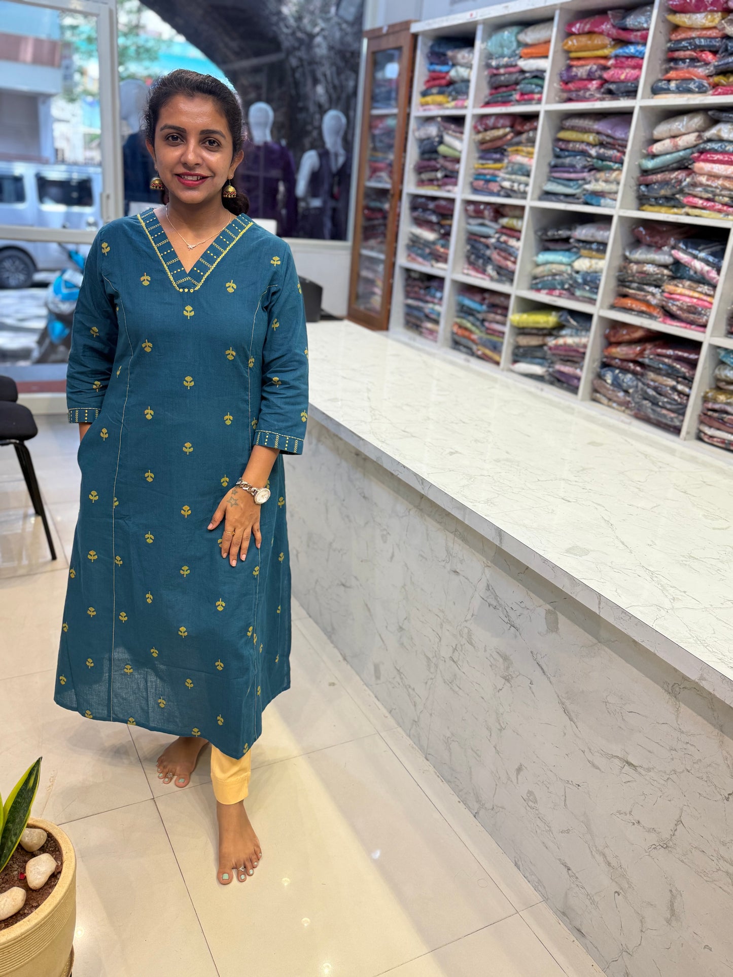 Teal Blue Pure Handloom Cotton Kurti