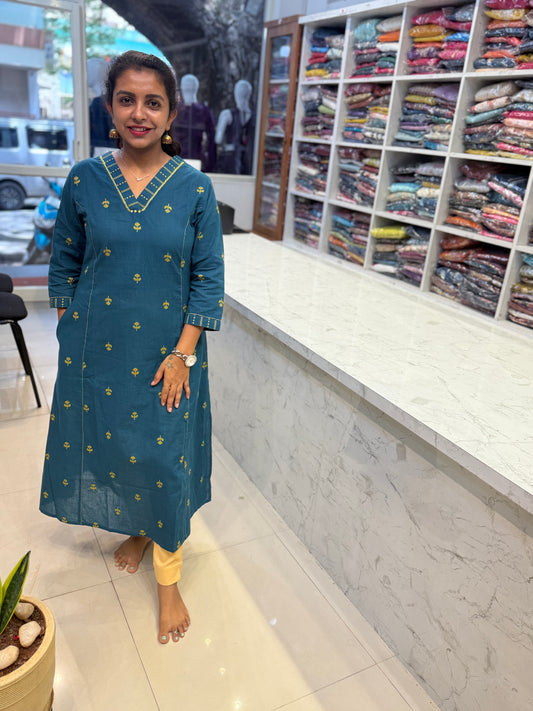 Teal Blue Pure Handloom Cotton Kurti