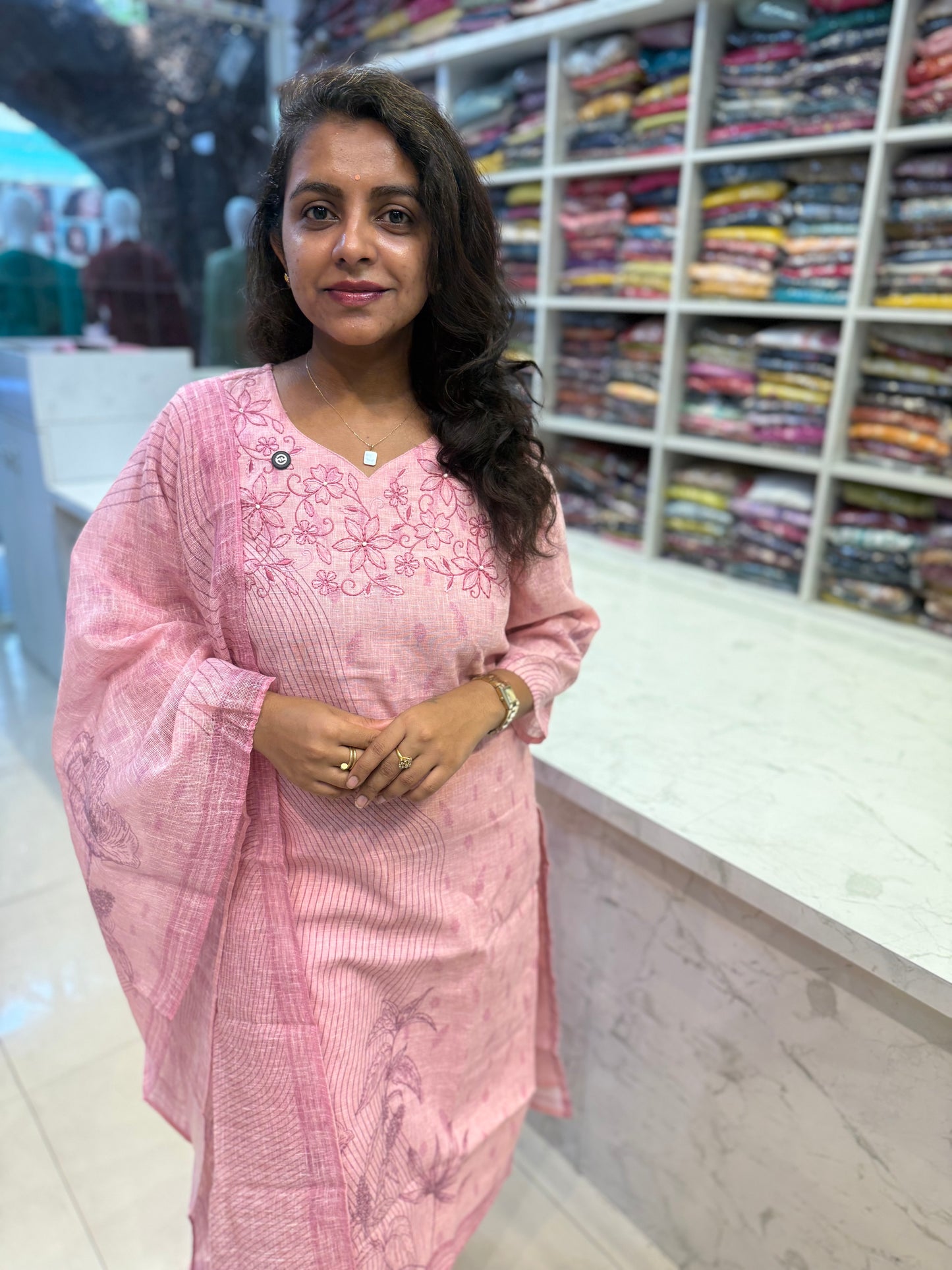 Pure Linen Pastel Pink Kurti With Pant and Dupatta-HSC75
