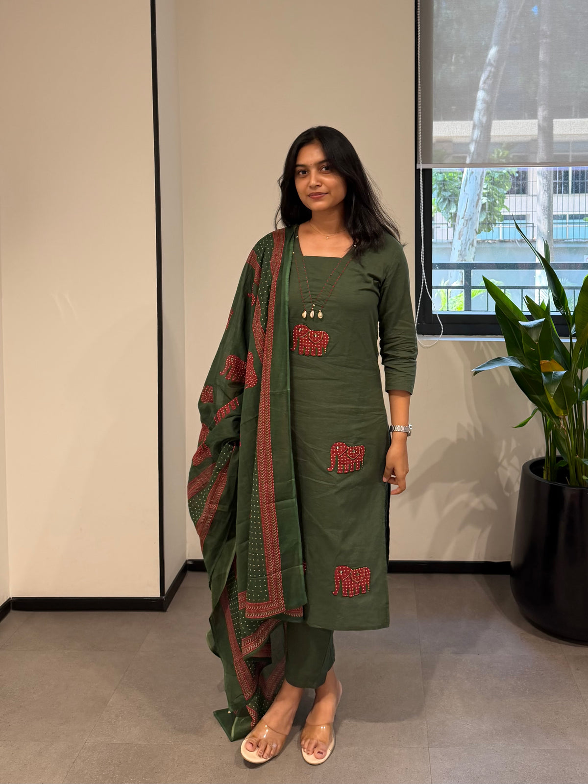 Pure Cotton Elephant Embroidery Kurti With Pant and Dupatta -HSC1230
