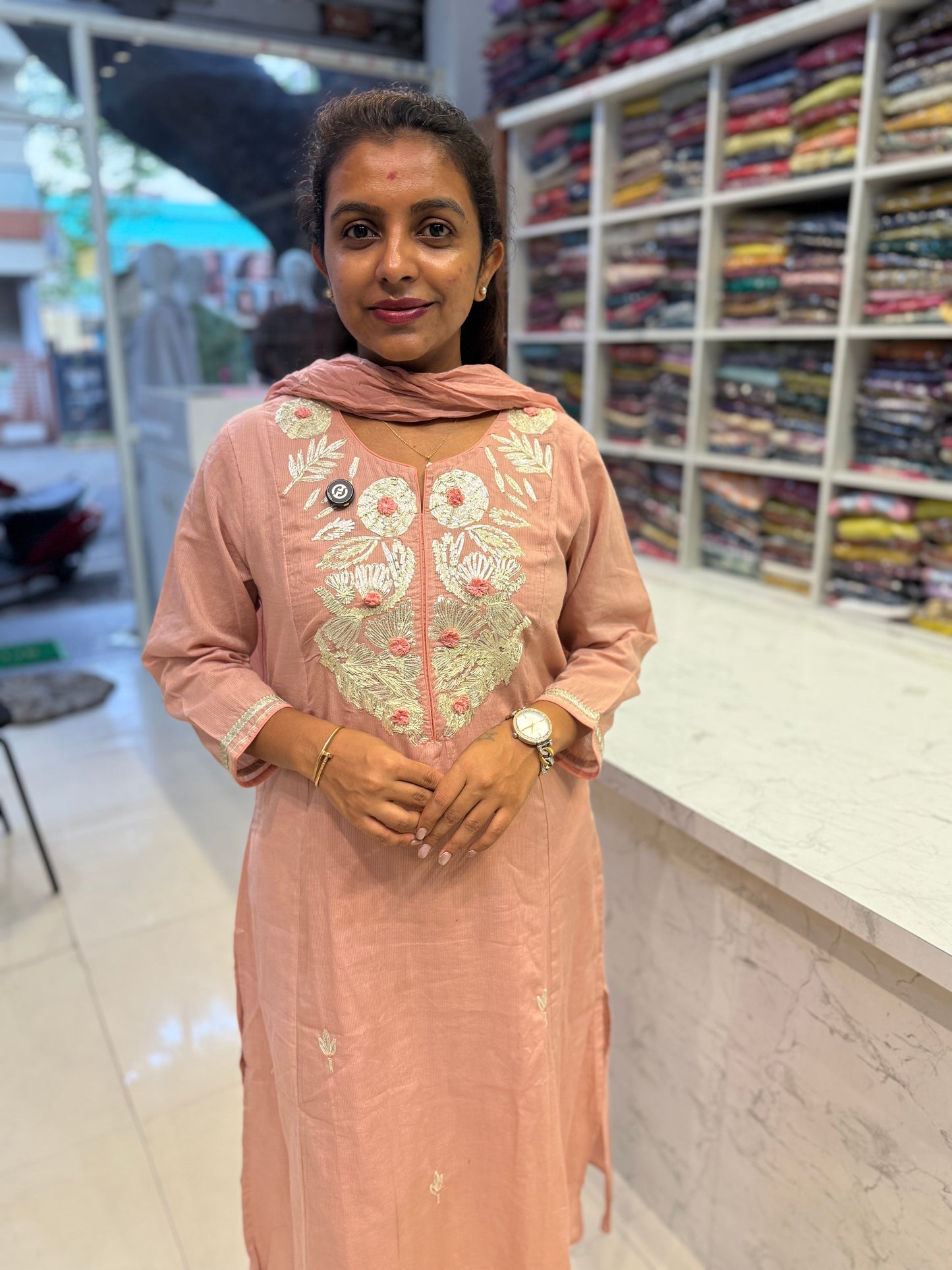 Dusty Peach Pure Mul Cotton Kurti With Pant and Dupatta