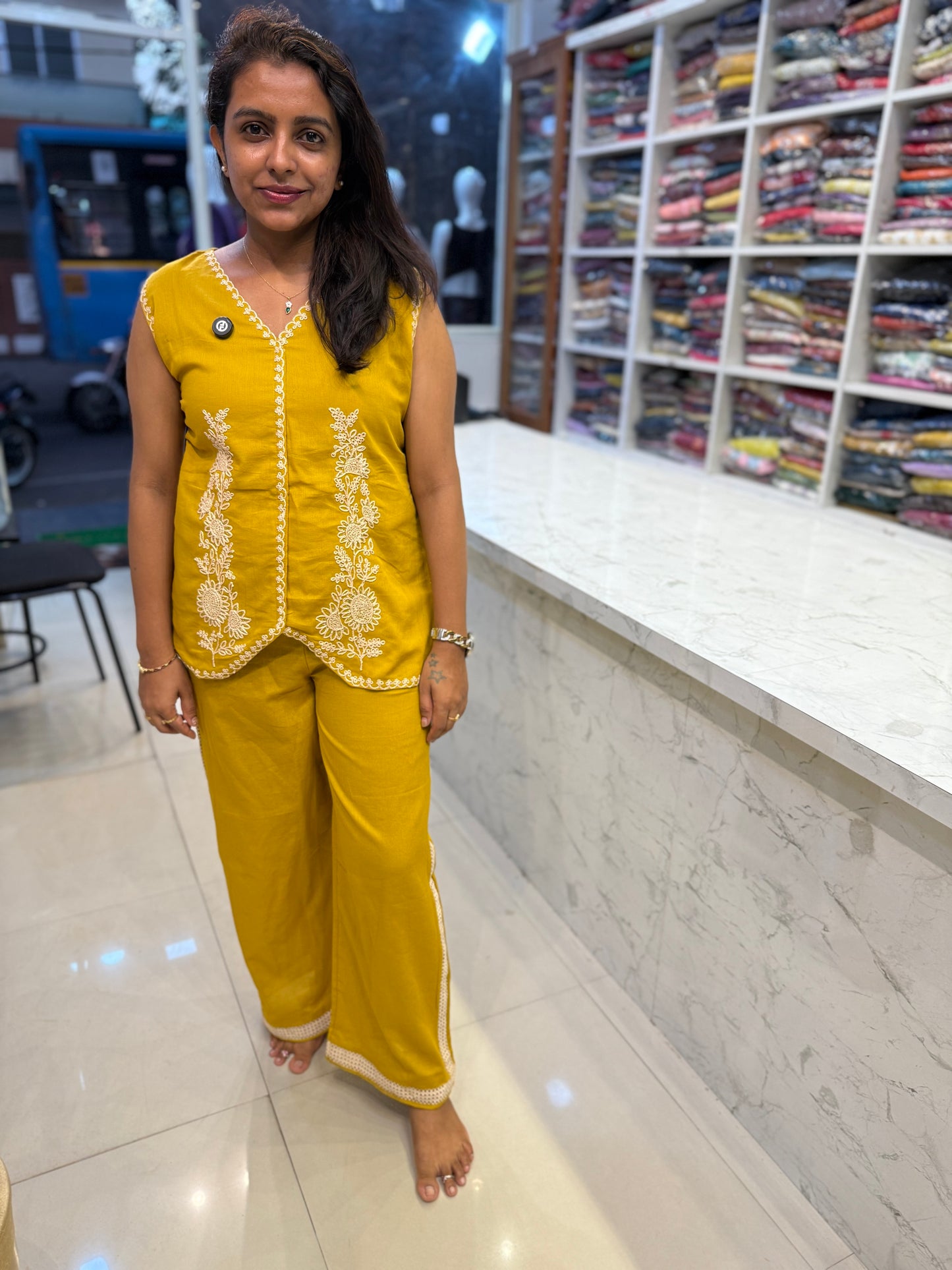 Mustard Embroidery Pure Cotton Co-ords set