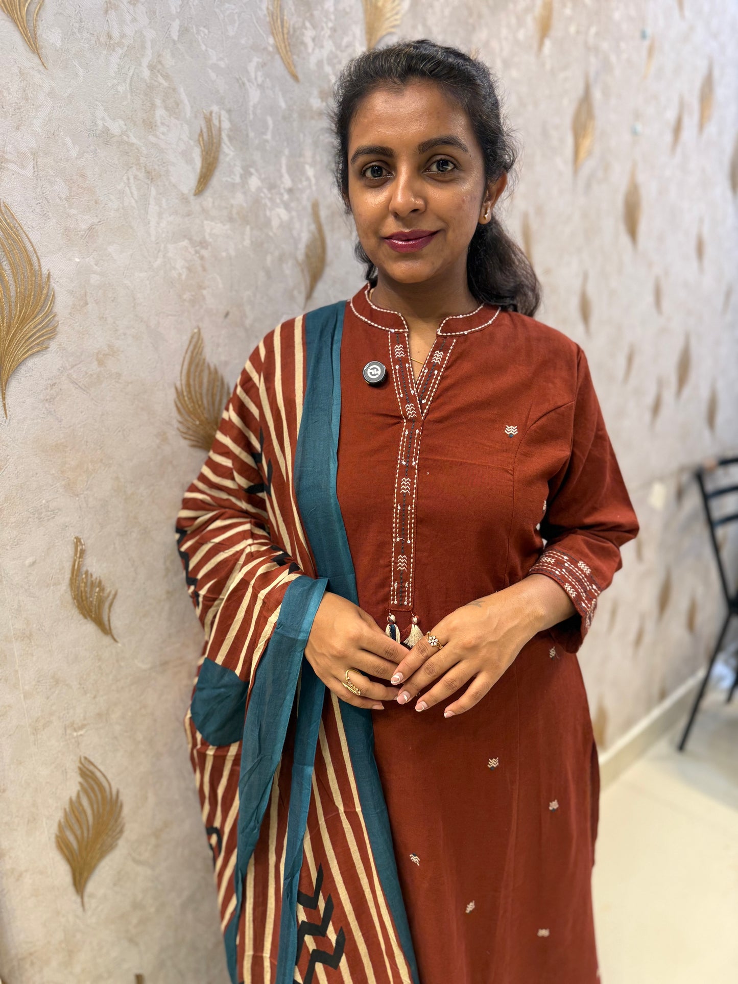 Brown Pure Cotton With Printed Dupatta and Pant