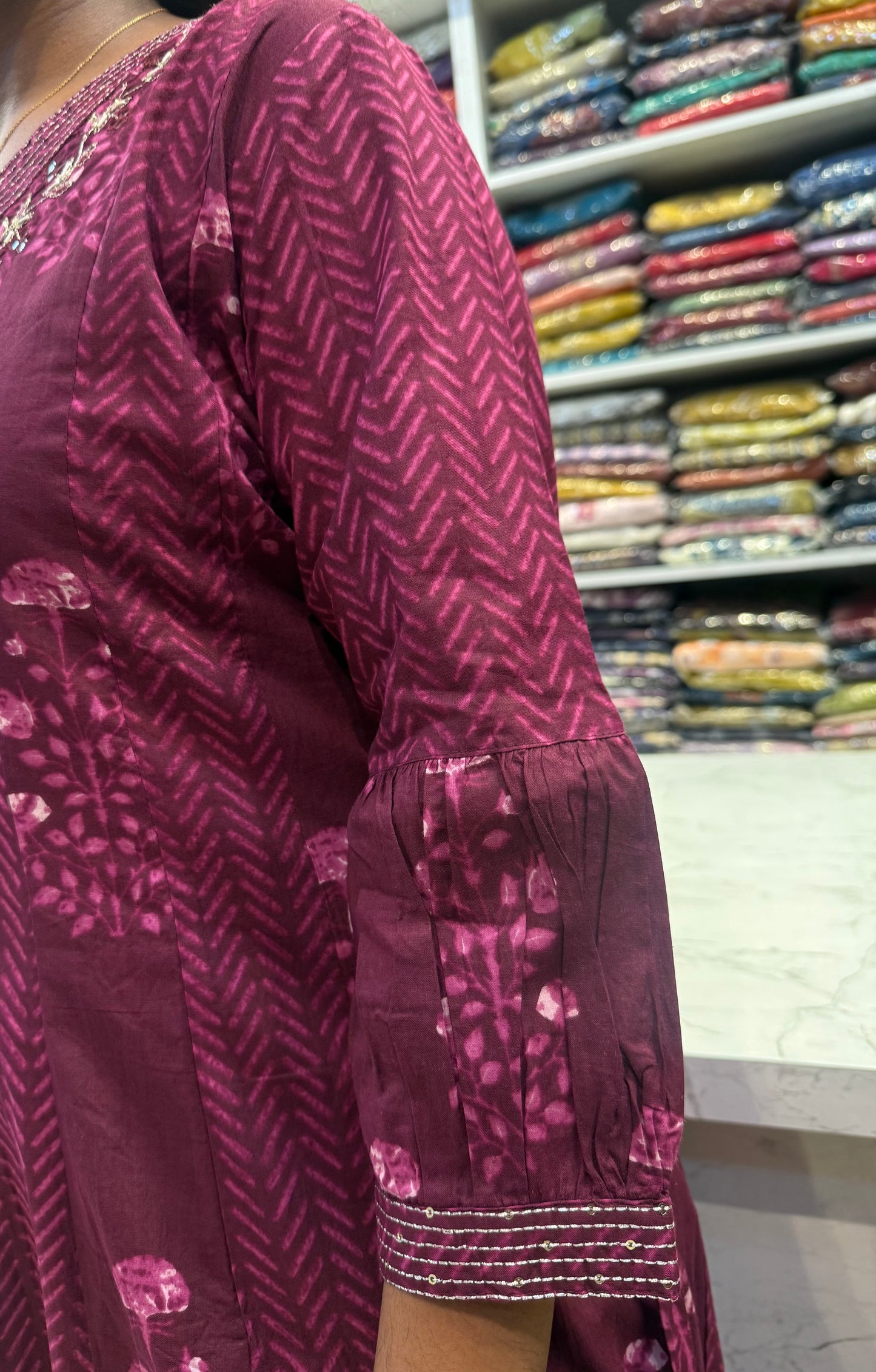 Wine Anarkali Pure Cotton Kurti With Pant and Dupatta-HSC106