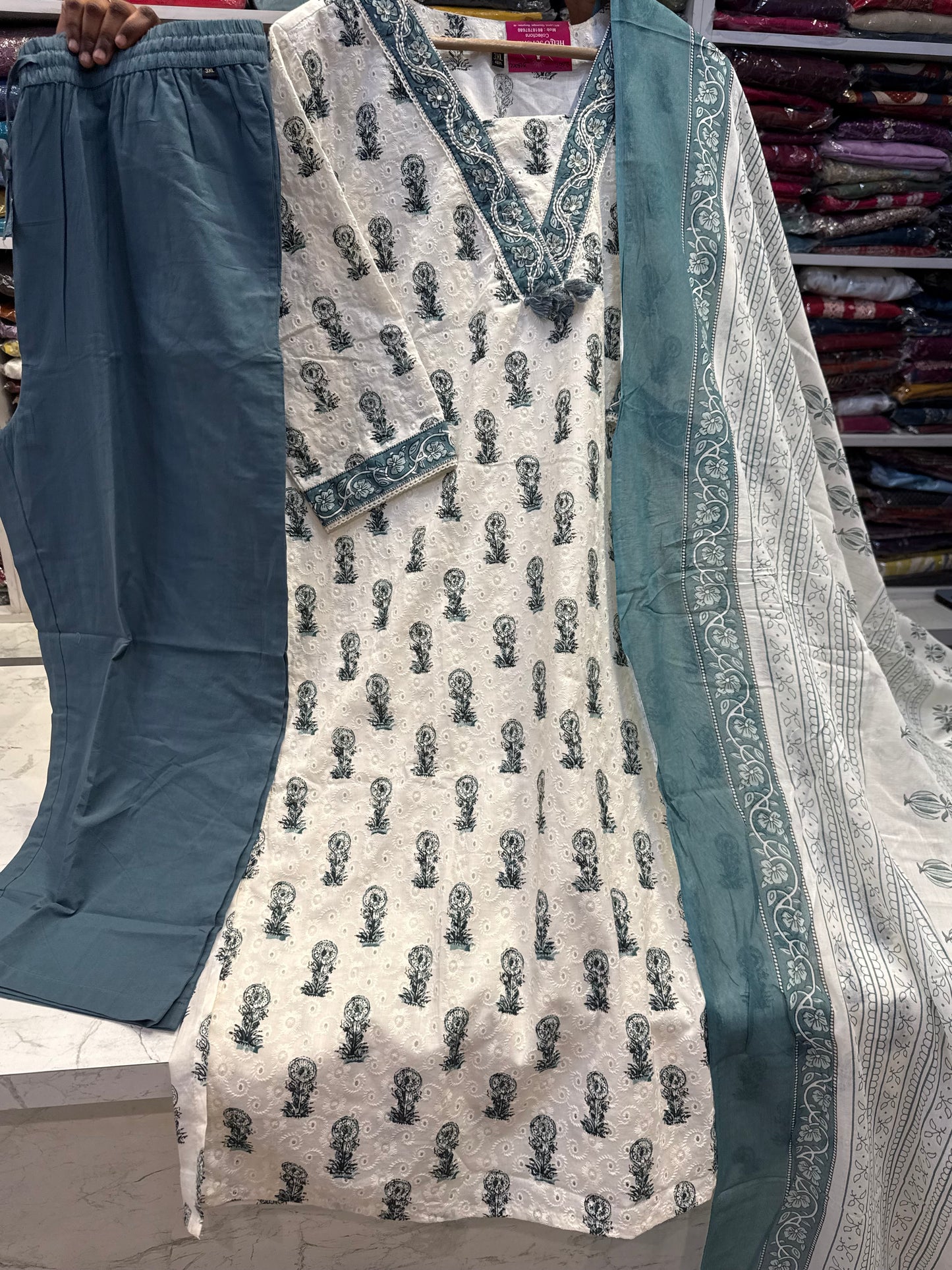 Half white Floral Pure Cotton Embroidery Hakoba Kurti With Pant and Dupatta