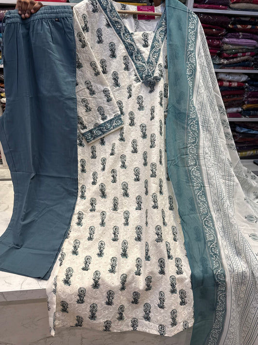 Half white Floral Pure Cotton Embroidery Hakoba Kurti With Pant and Dupatta