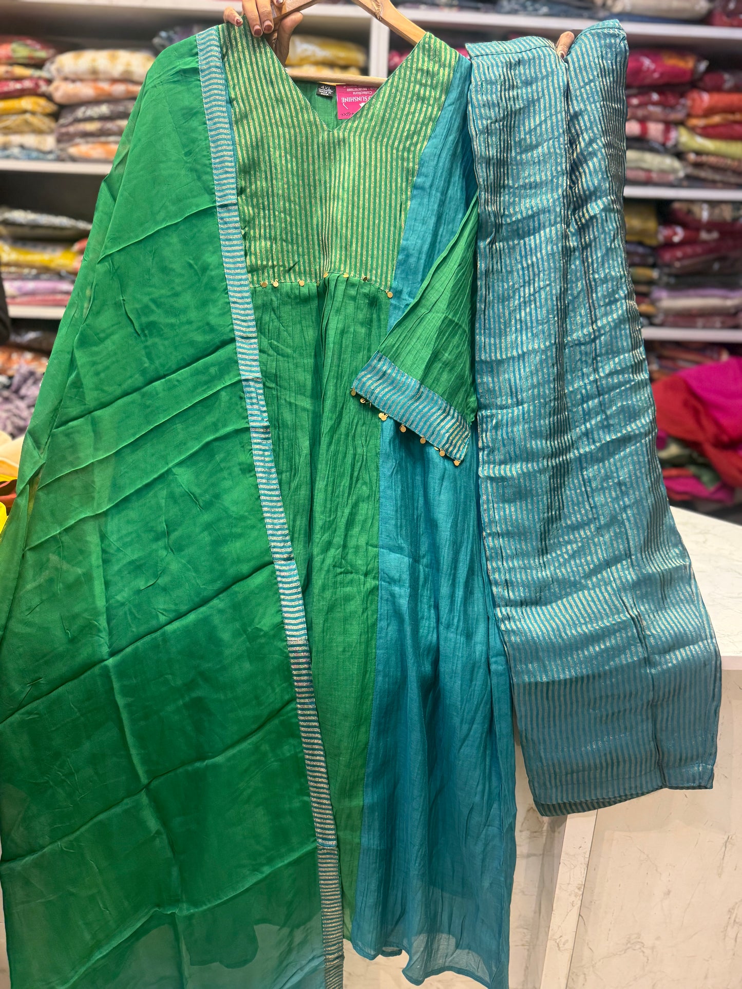 Green and Blue Pure Banarasi Mul Chanderi Kurti With Pant and Dupatta