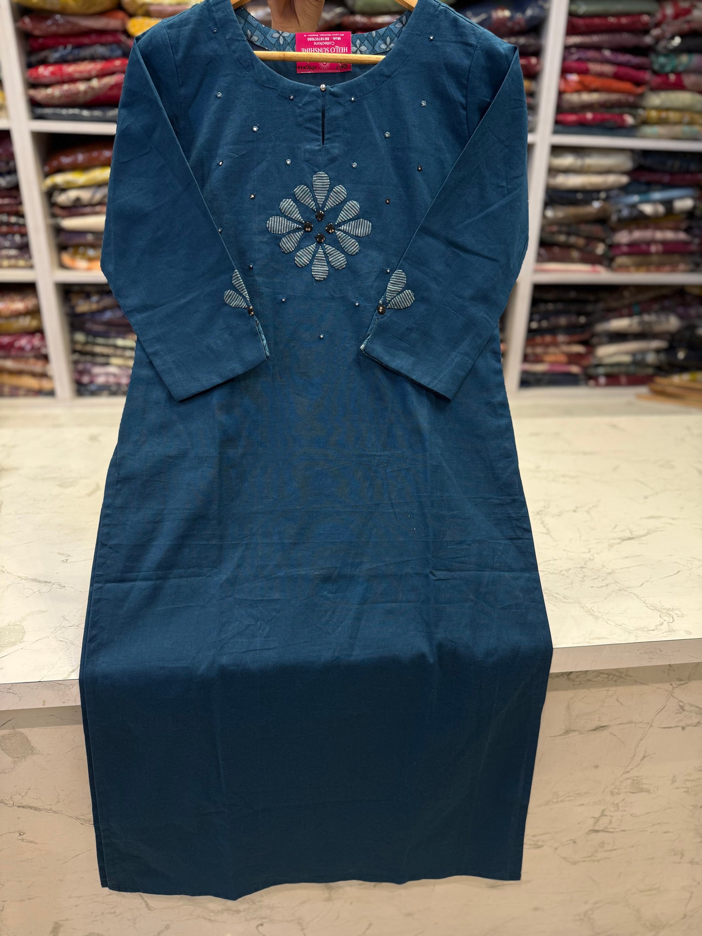 Appliqué Blue Pure Cotton Kurti
