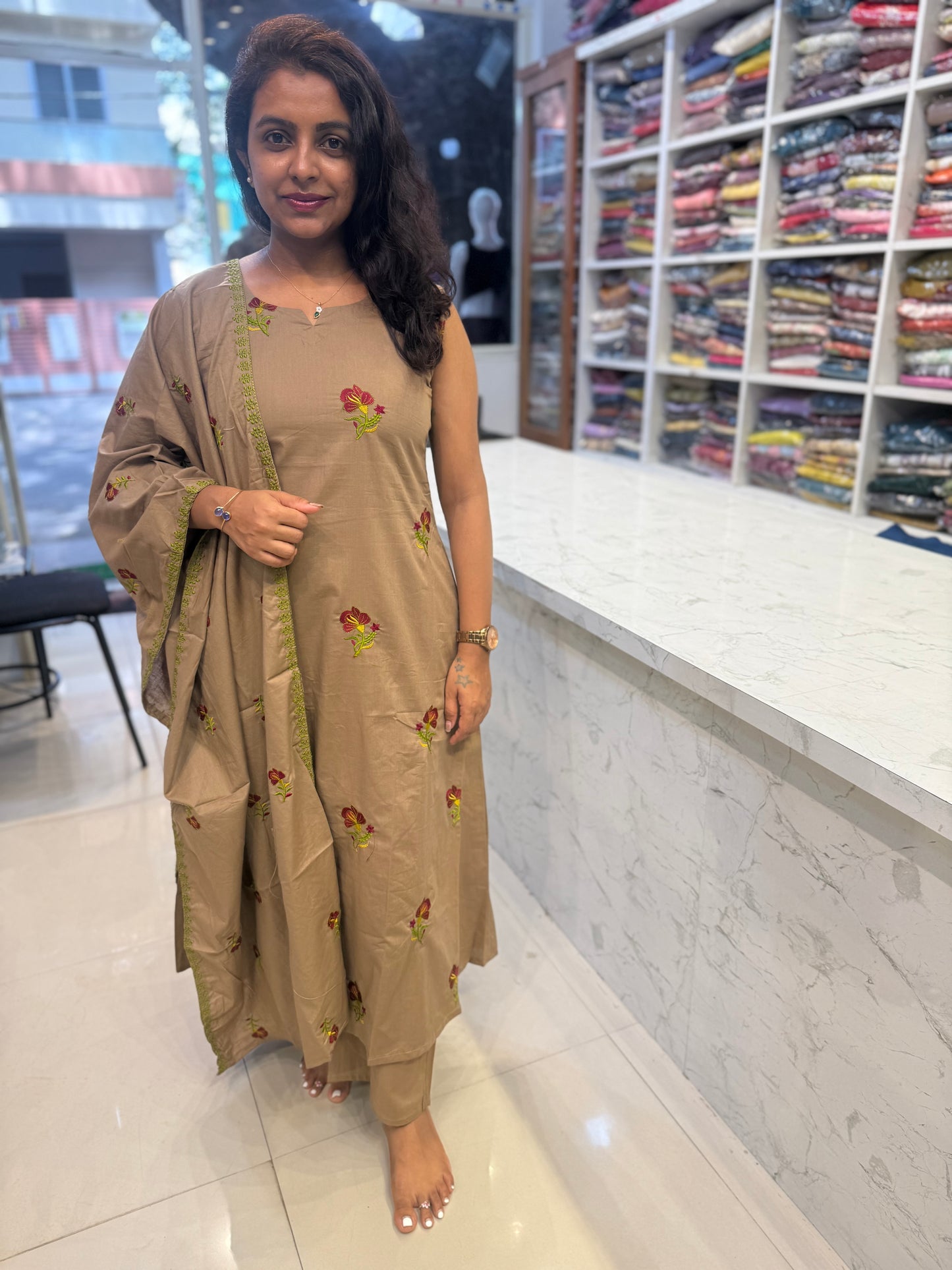 Khaki Pure Cotton Embroidered Kurti With Pant and Dupatta