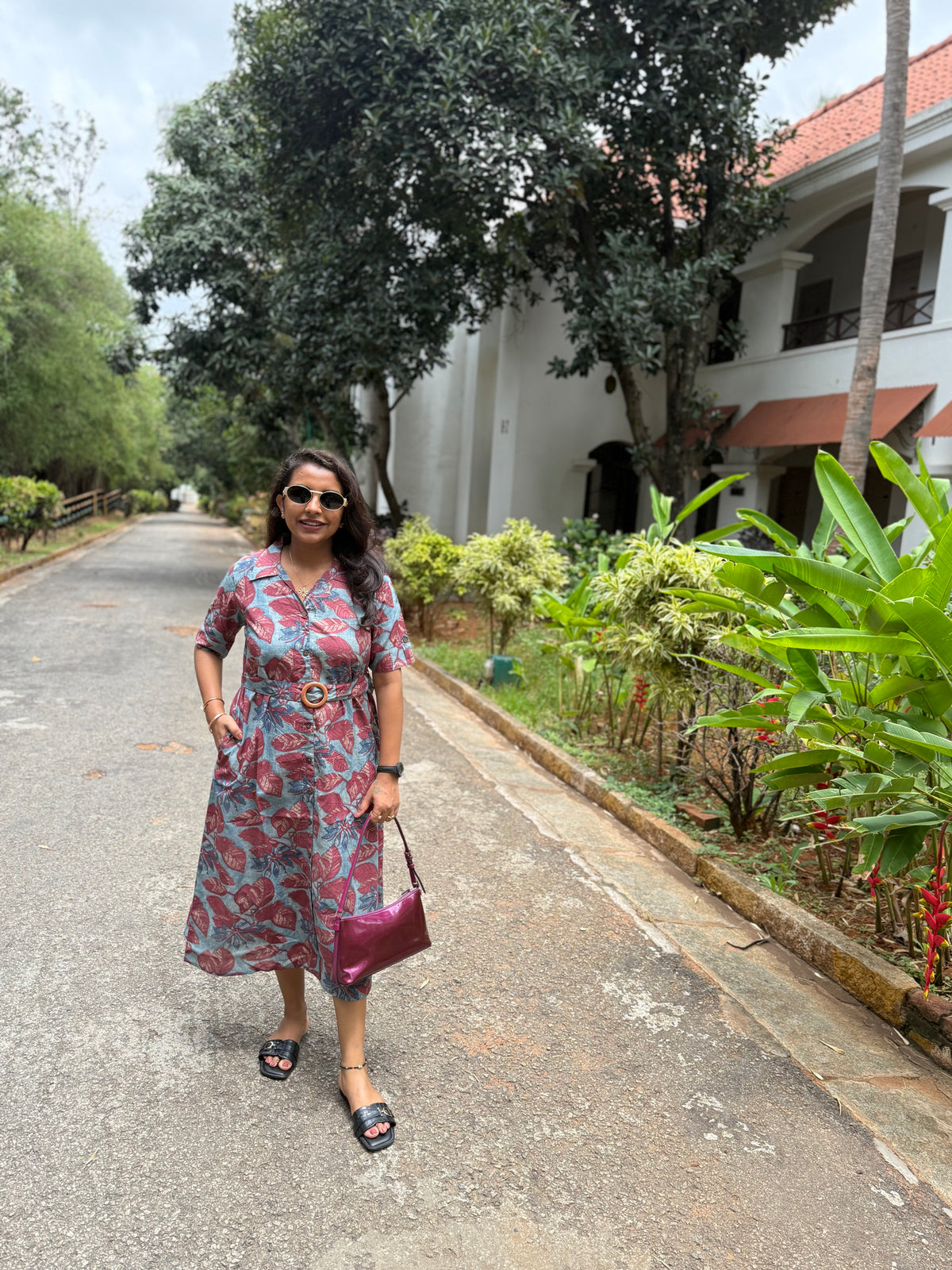 Floral Printed A-line Pure Cotton Dress - HSC - 1165
