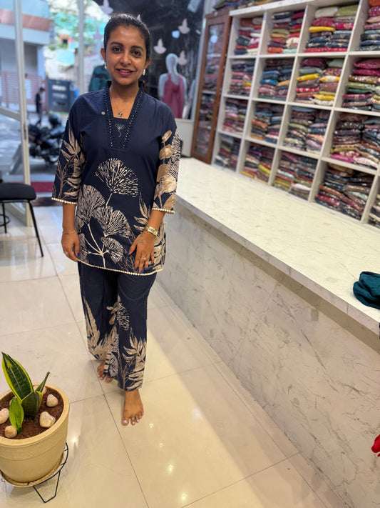 Navy Blue Printed Cotton Co-ords Set