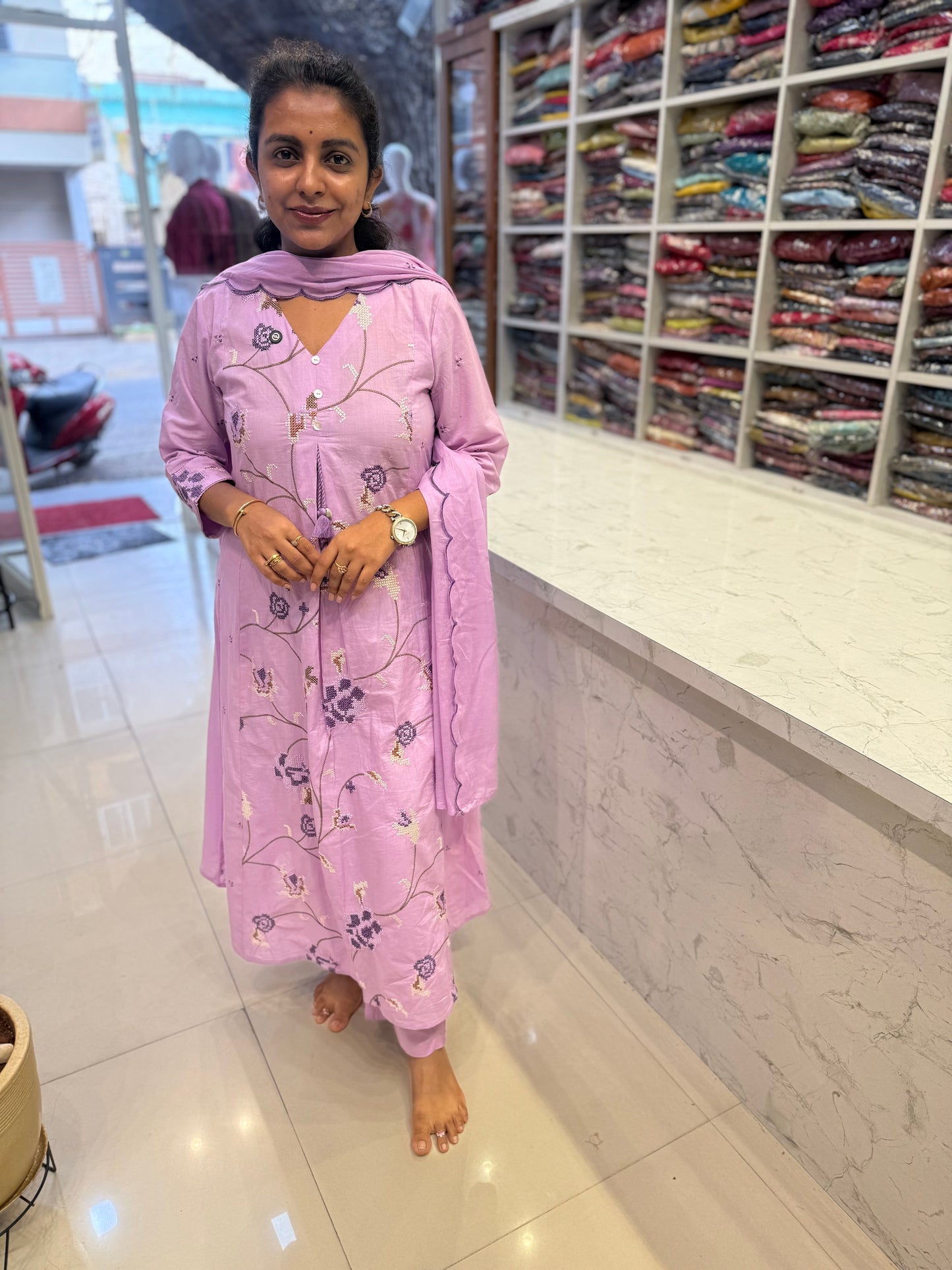 Lavender Crossstich Work Pure Mul Cotton A-line Kurti With Pant and cut work Dupatta