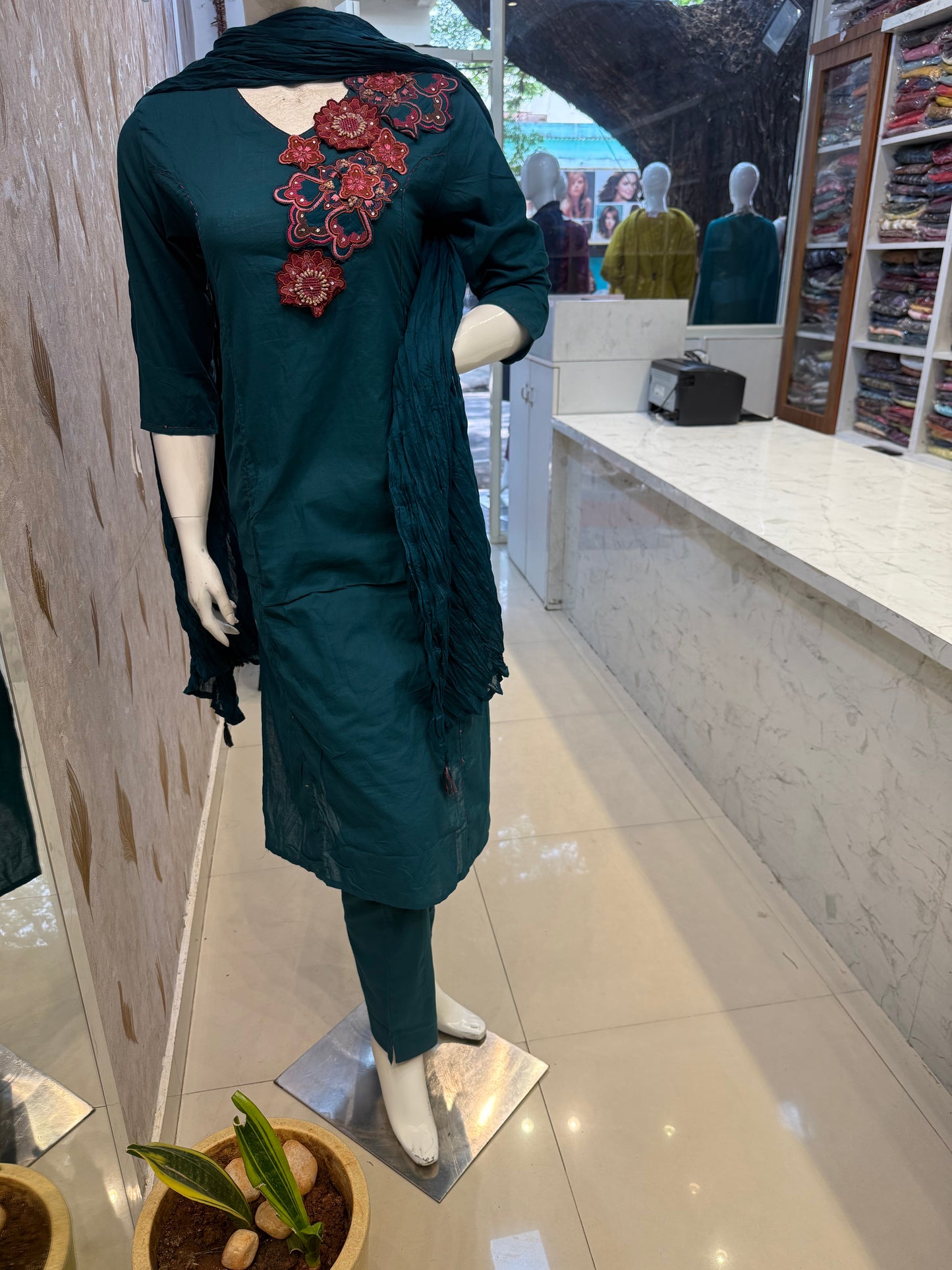 Teal Blue Appliqué Pure Cotton Kurti With Pant and Dupatta-HSC121