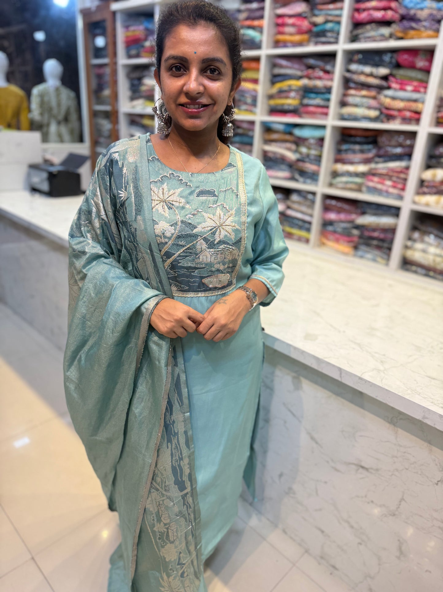 Blue Shimmer Nature Embroidery Kurti With Pant and Dupatta