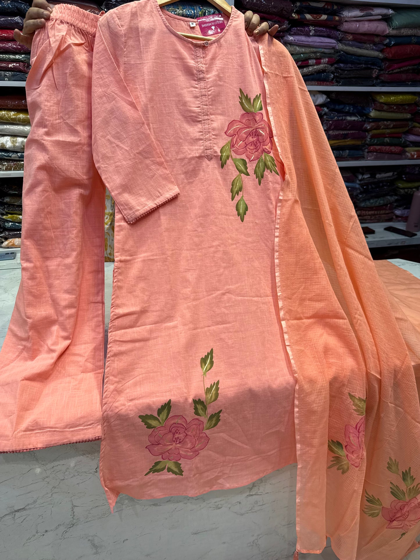 Peach Hand Panited Peach Kurti With Pant and Dupatta-HSC109