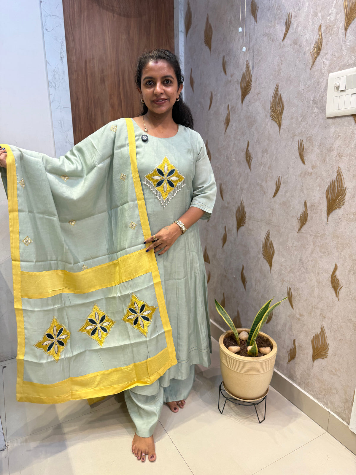Silk Embroidered Kurti With Pant and Dupatta -HSC1260