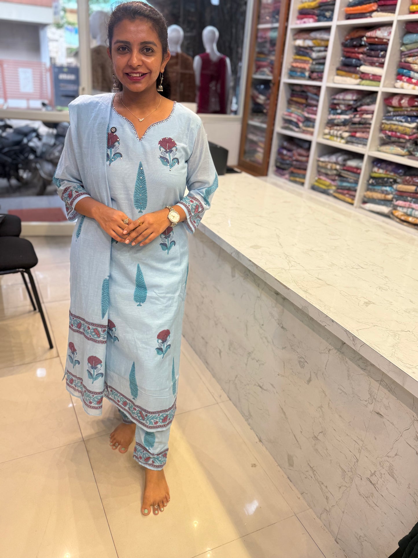 Sky Blue Pure Mul Cotton Kurti With Pant and Dupatta