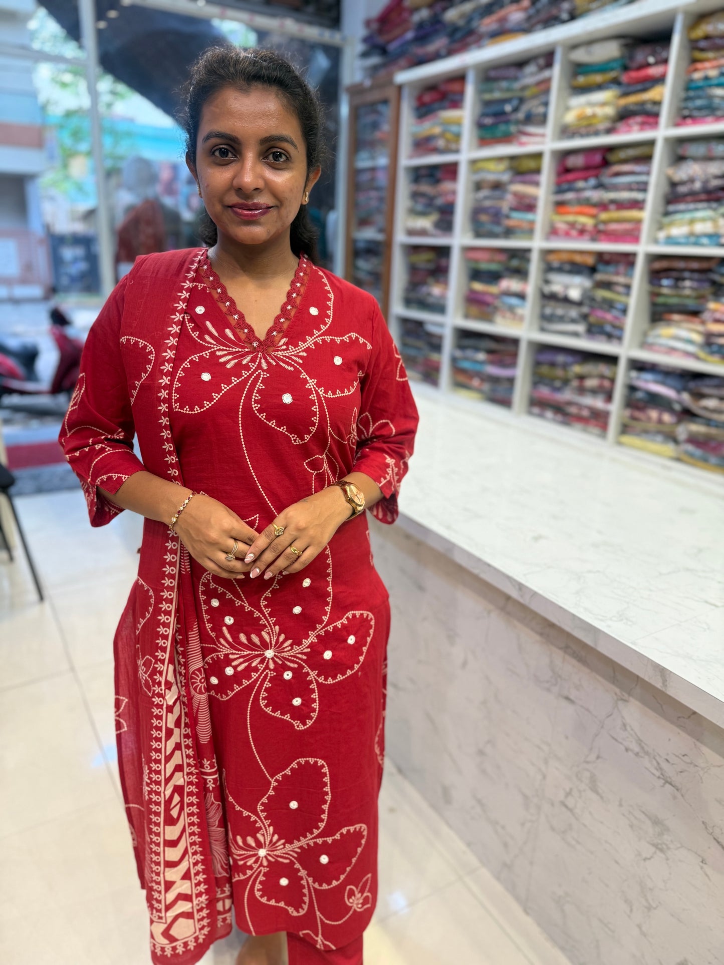 Red Floral Printed Pure Cotton Kurti With Pant and Dupatta-HSC122