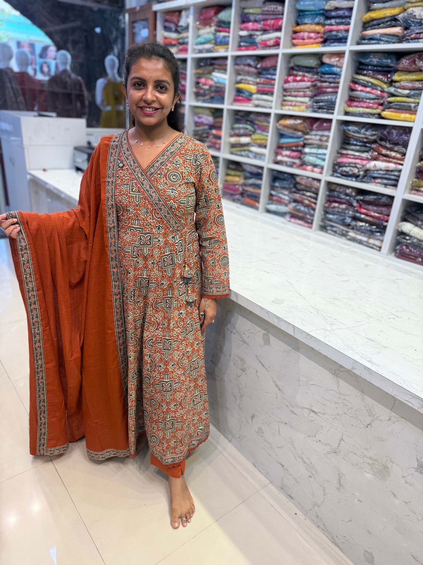 Block Printed Pure Cotton Rust Anarkali Kurti With Pant and Dupatta