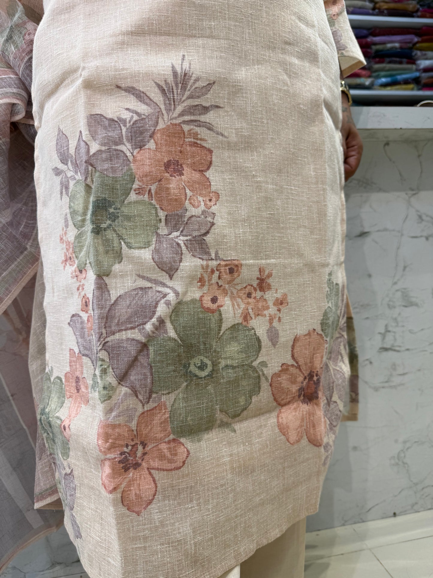 Pure Linen Thread Embroidery Kurti With Pant and Dupatta-HSC75