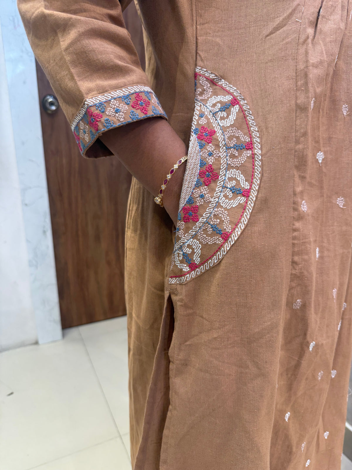 Two sides Pockets Embroidery Pure Cotton Flex Kurti With Pant - HSC1169