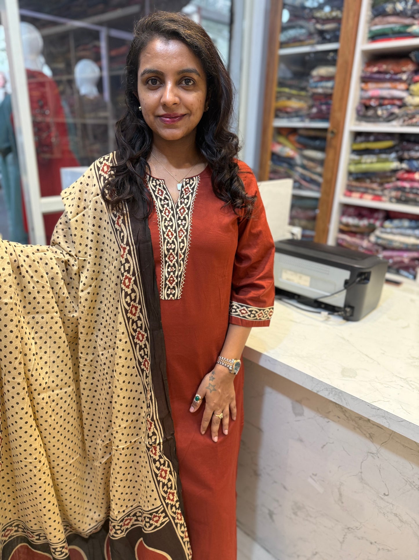 Brown Printed Contrast Dupatta Back With Pant and Dupatta-HSC55