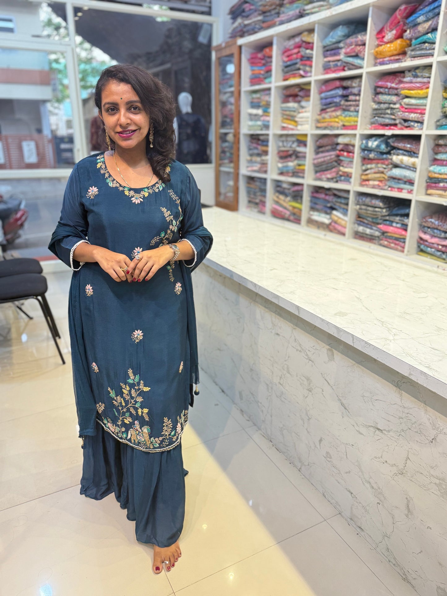 Blue Hand Embroidery Pure Chinnon Sharara Set