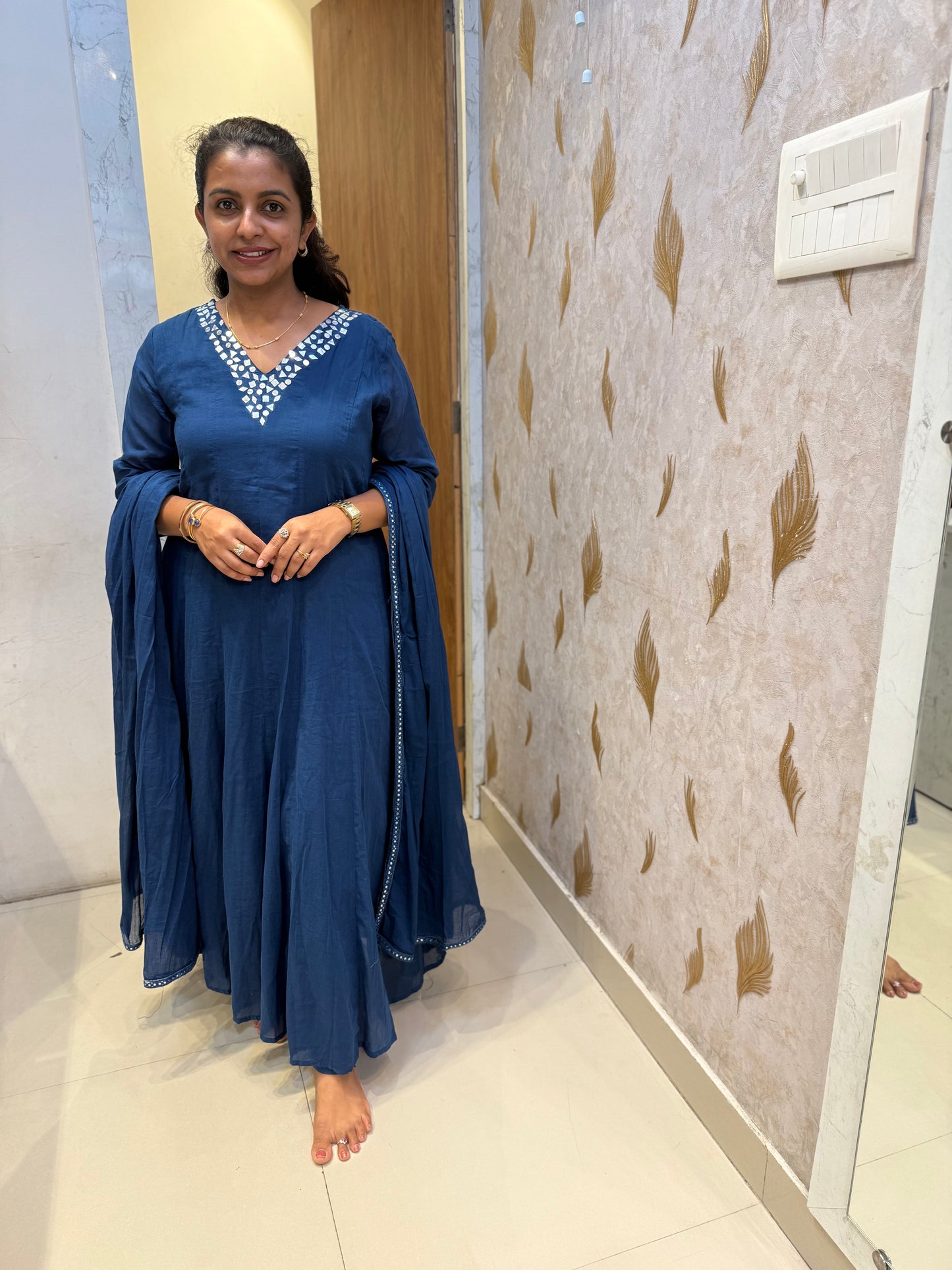 Ink Blue Pure Mul Cottoon A-line Kurti With Pant and Dupatta -HSC1155