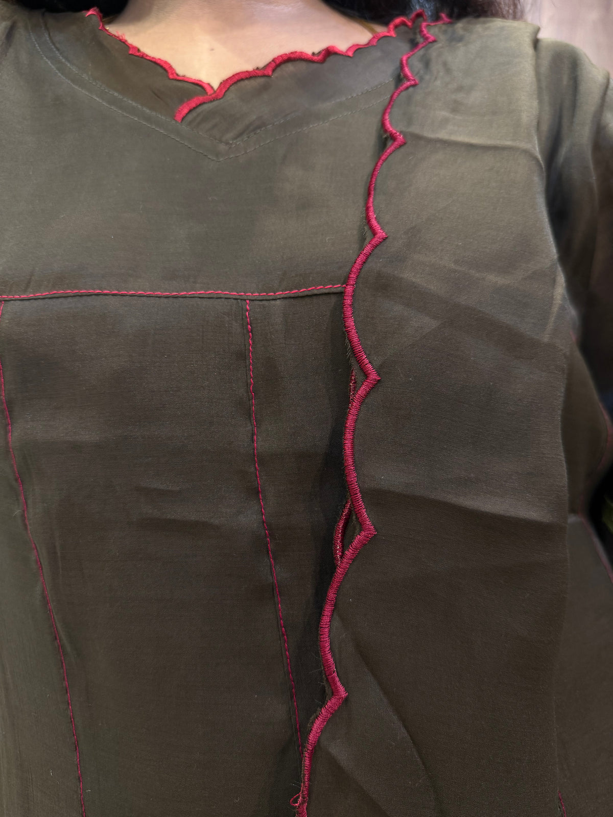 Brown Embroidery A-line Kurti With Pant and Scallop Dupatta -HSC1204