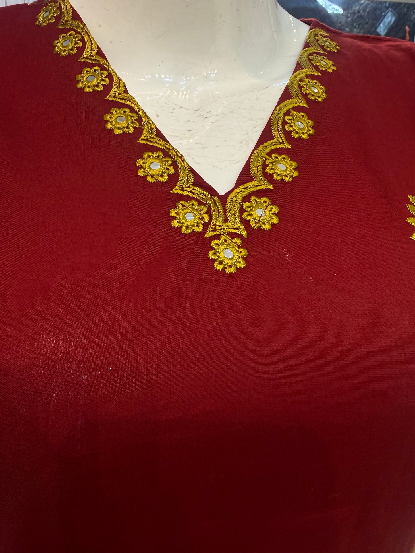 Marron Embroidery Cotton Kurti With Pant-HSC153