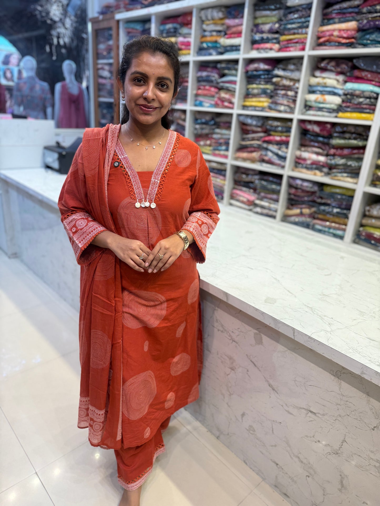 Lace Detail Cotton Kurti With Pant and Dupatta