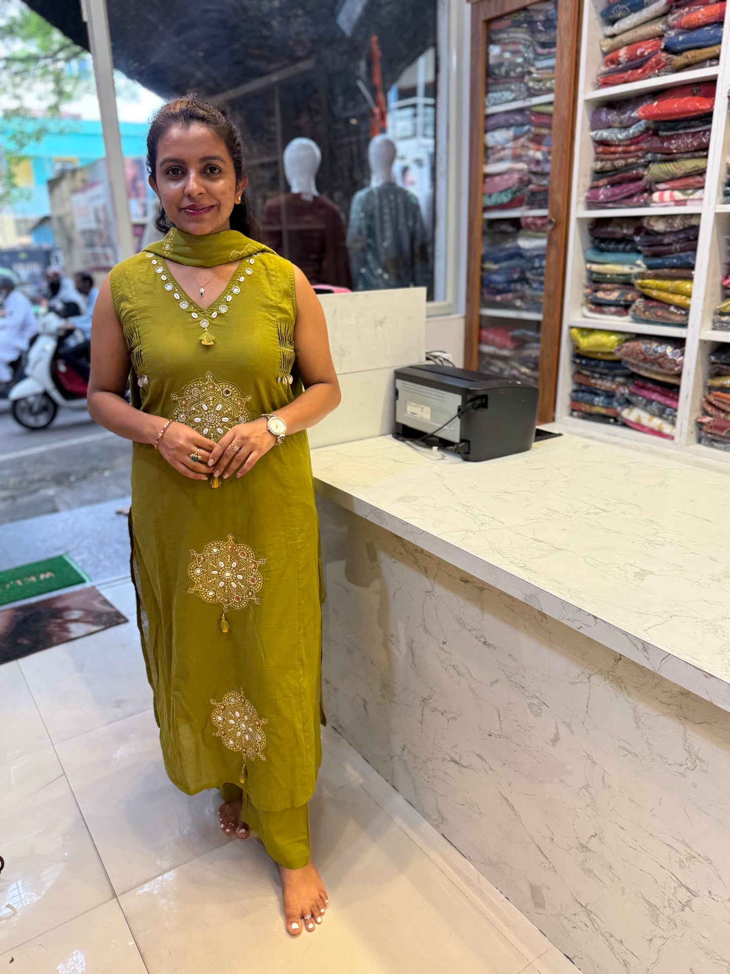 Bandini Printed Green Pure Cotton Kurti With Pant and Dupatta