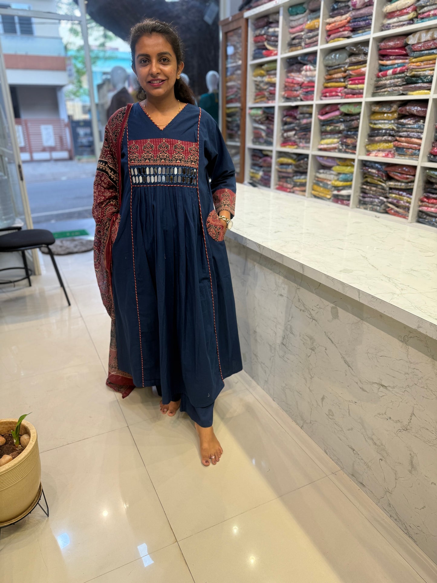 Navy Blue Pure Cotton Mirror Embroidery Kurti With Pant and Printed Brown Dupatta-HSC139