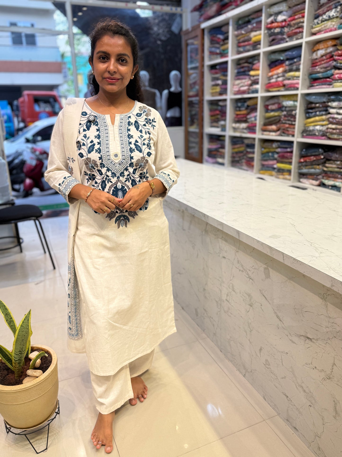 Half white Embroidered Kurti With Pant and Dupatta -HSC1125