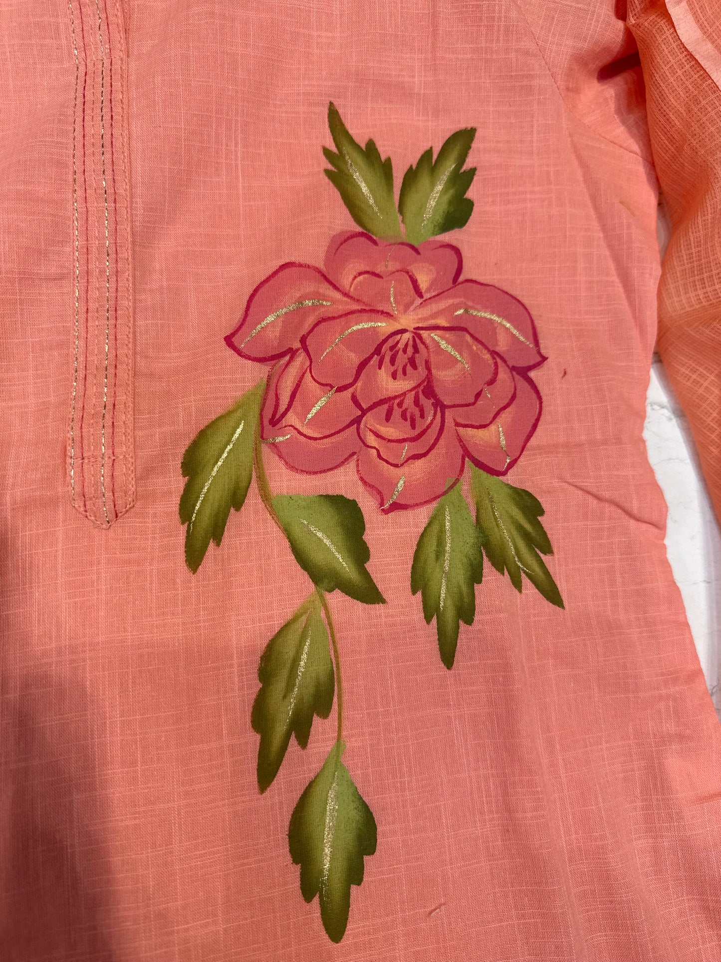Peach Hand Panited Peach Kurti With Pant and Dupatta-HSC109