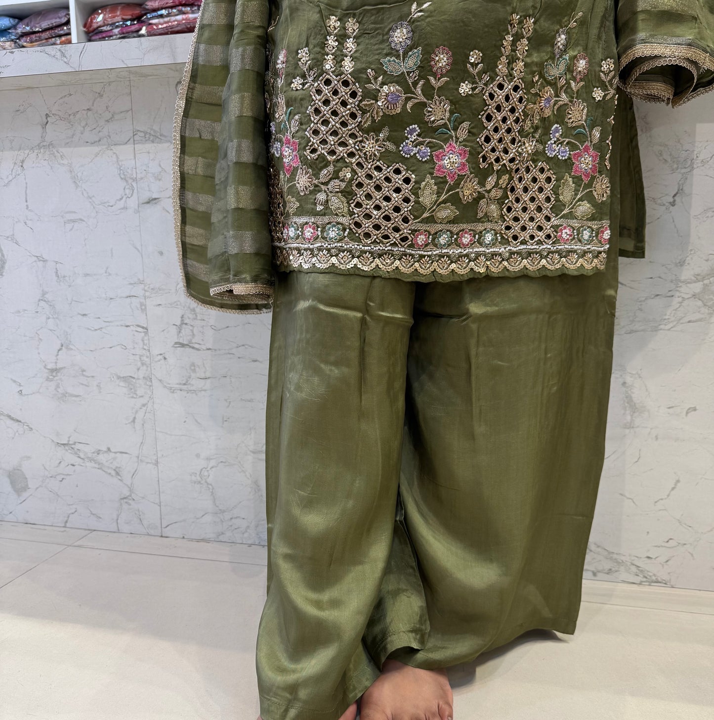 Olive Green Kurti With Palazzo Pant With Dupatta