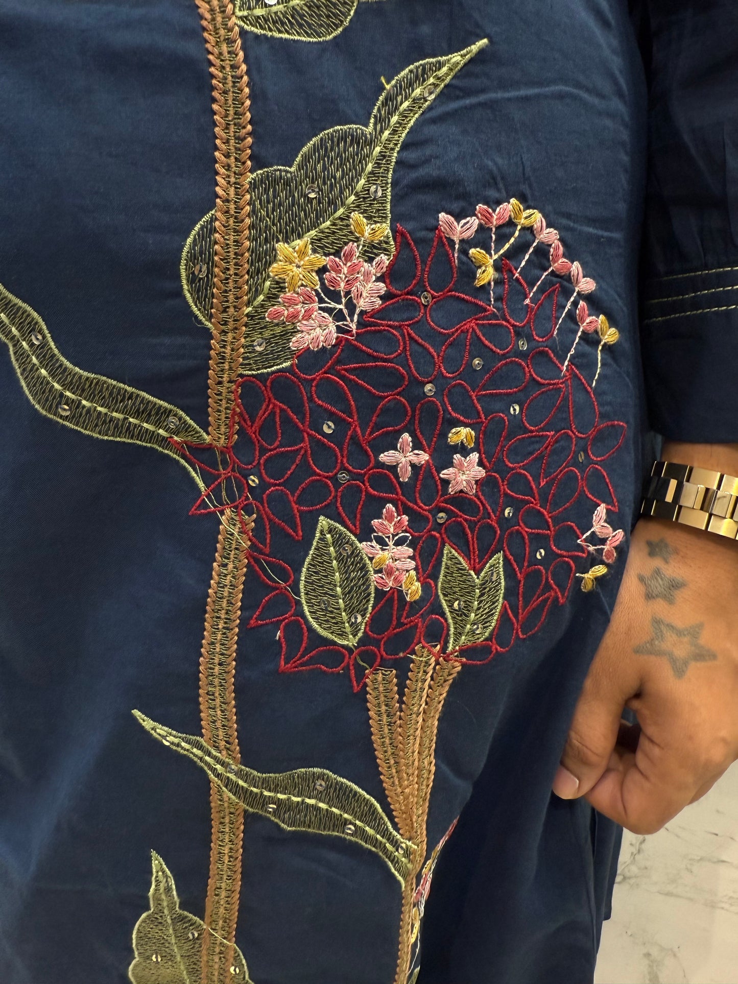 Navy Blue Embroidery Cotton Kurti With Pant and Dupatta-HSC30