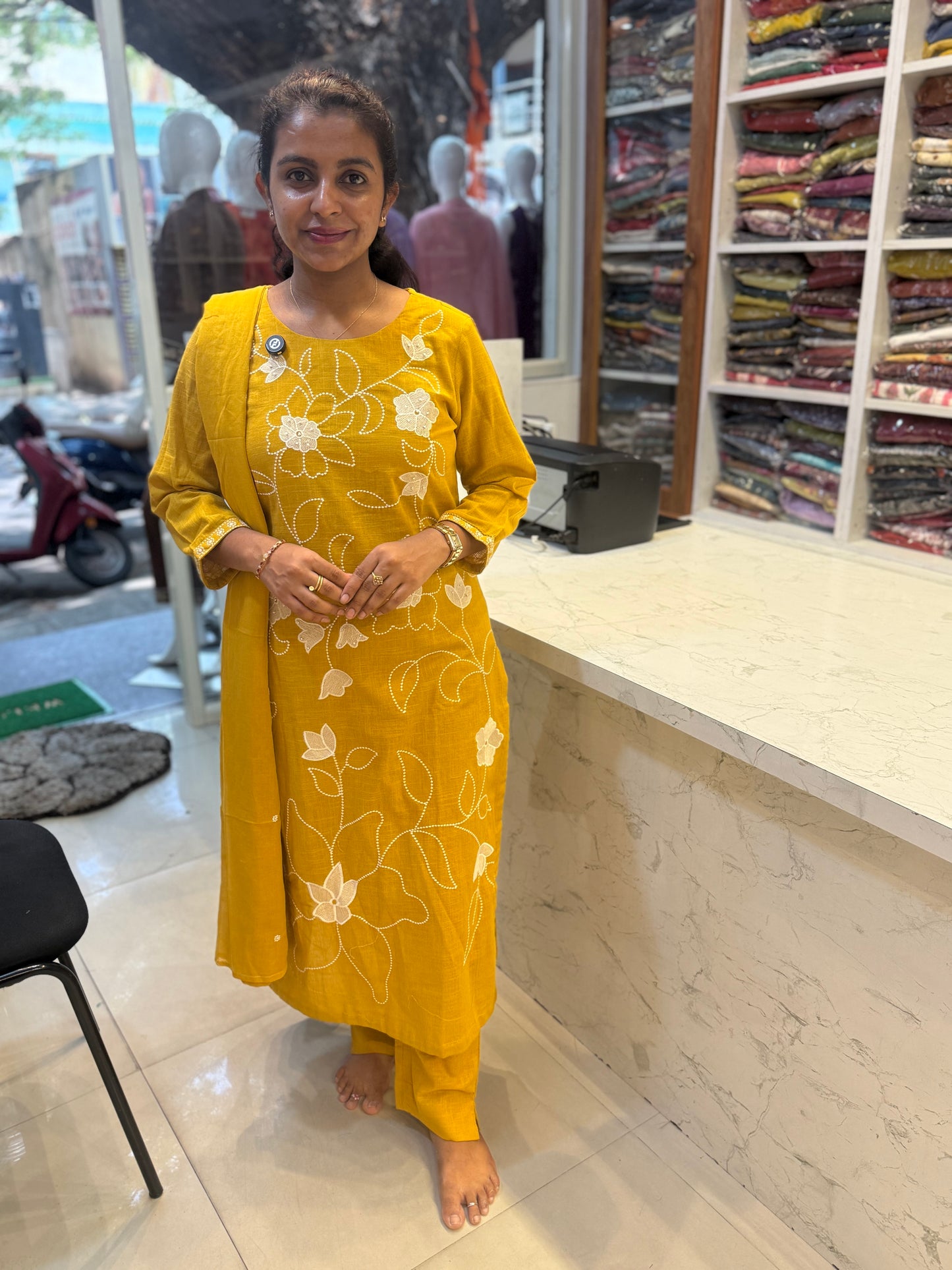 Mustard Embroidery Kurti With Pant and Dupatta