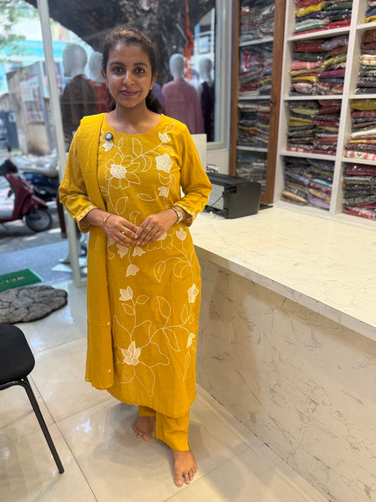 Mustard Embroidery Kurti With Pant and Dupatta