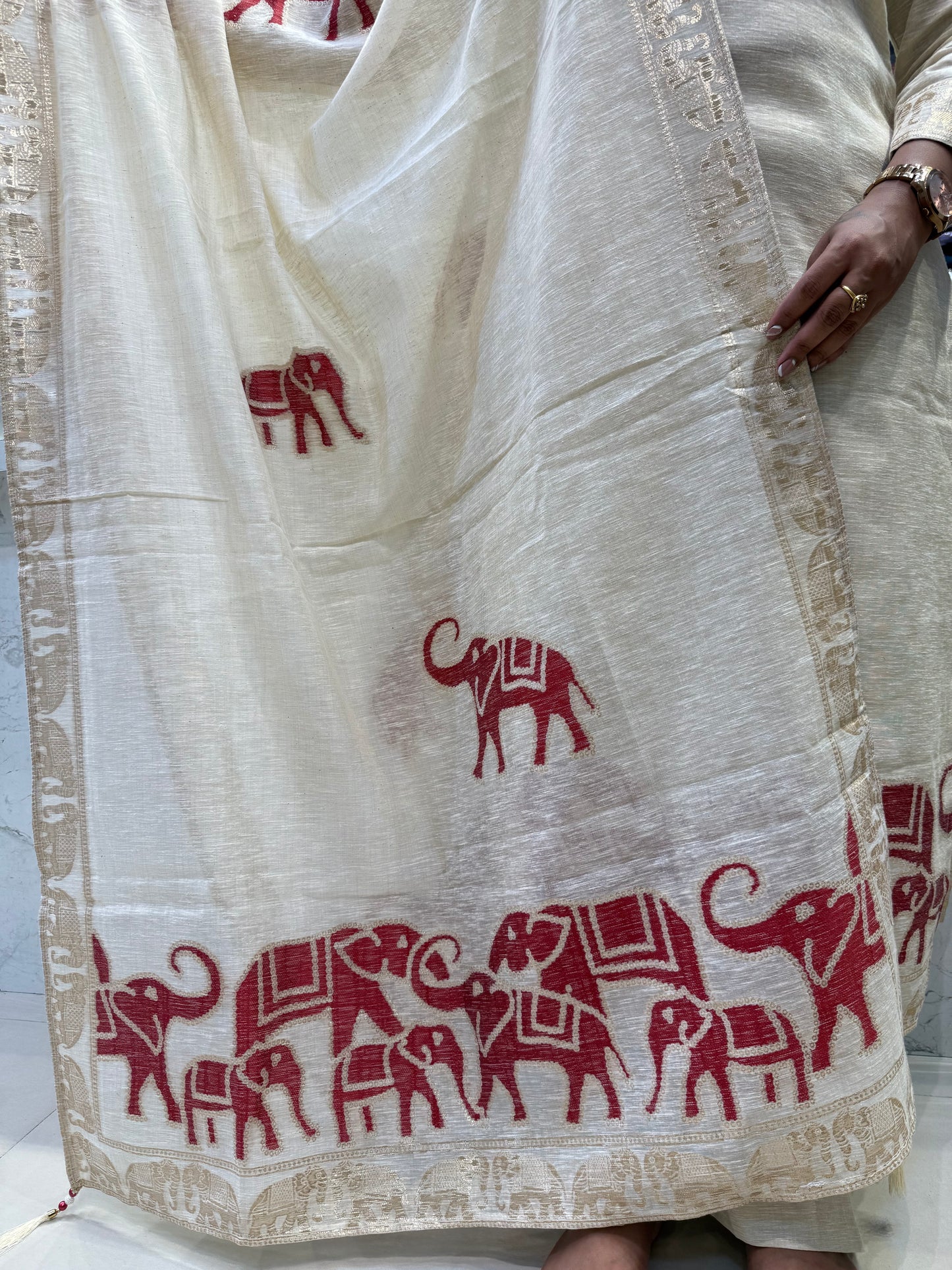 Elephant Half White Pure Jamdani Weaving Kurti With Pant and Dupatta-HSC113
