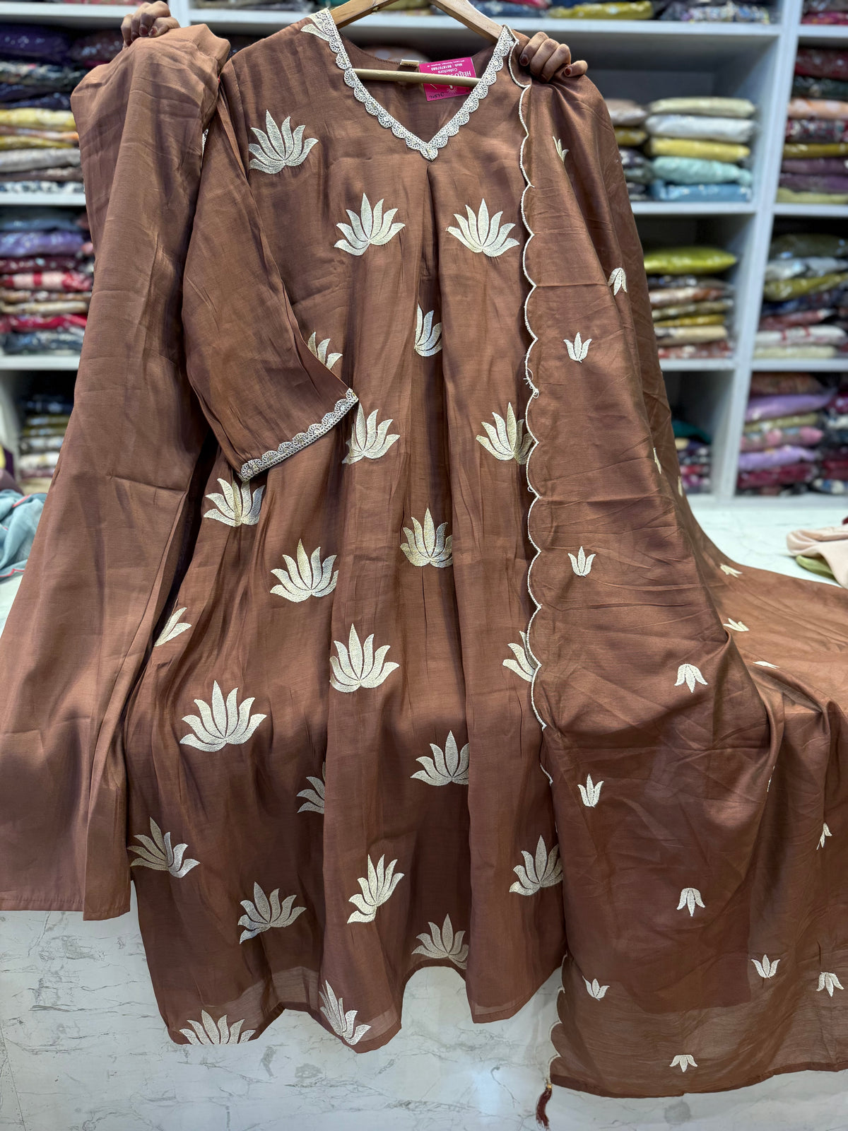 Lotus Brown Embroidery A-line Kurti With Pant and Scallop Cutwork Dupatta - HSC1190