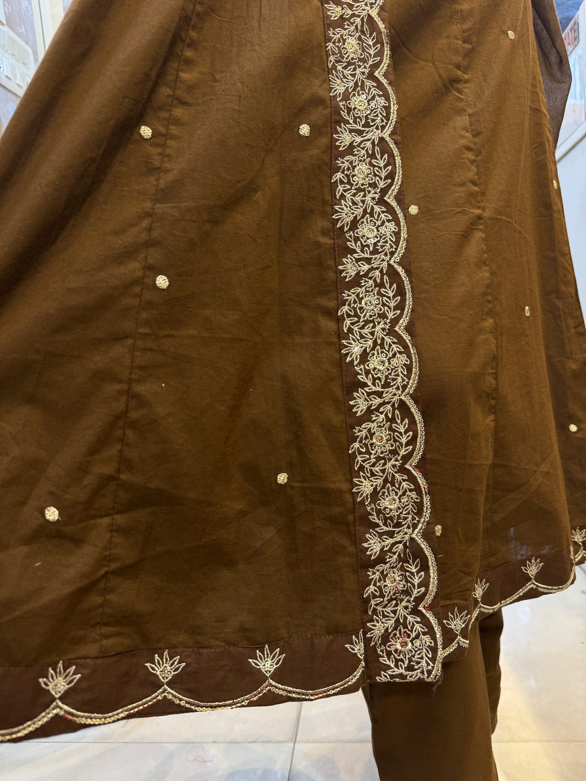 Brown Pure Cotton Embroidered Angarkha  Kurti With Pant and Dupatta - HSC1200