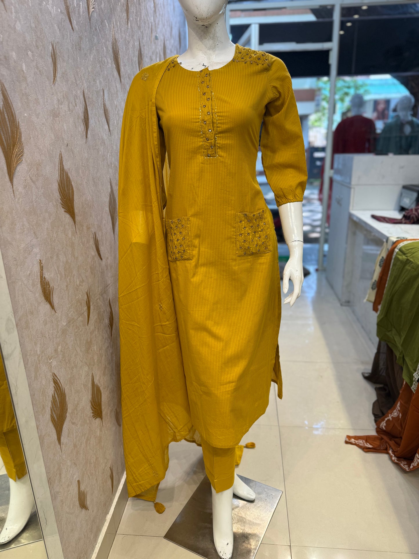 Mustard Two Pockets Hand Embroidery Pure Cotton Silly Kurti With Pant and Dupatta-HSC56