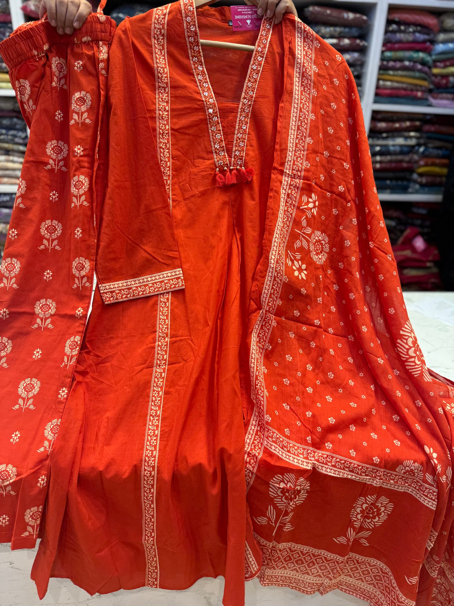Two Sides Pockets Rust orange Pure Cotton Kurti with Printed Pant and Dupatta