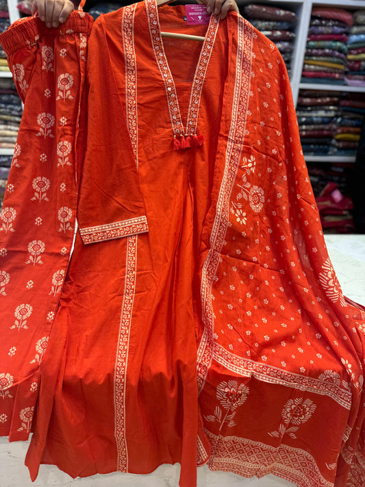 Two Sides Pockets Rust orange Pure Cotton Kurti with Printed Pant and Dupatta